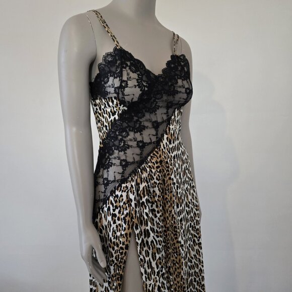 Frederick's Of Hollywood Size M Vintage Leopard Slip Dress Gown Sheer w/ Slit - Picture 12 of 16